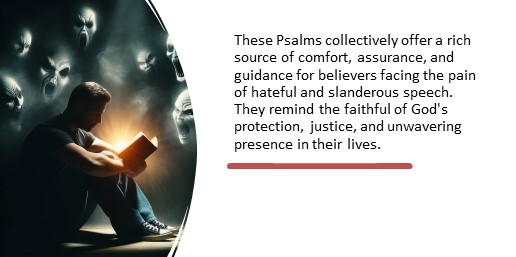 These Psalms collectively offer a rich source of comfort, assurance, and guidance for believers facing the pain of hateful and slanderous speech. They remind the faithful of God's protection, justice, and unwavering presence in their lives.